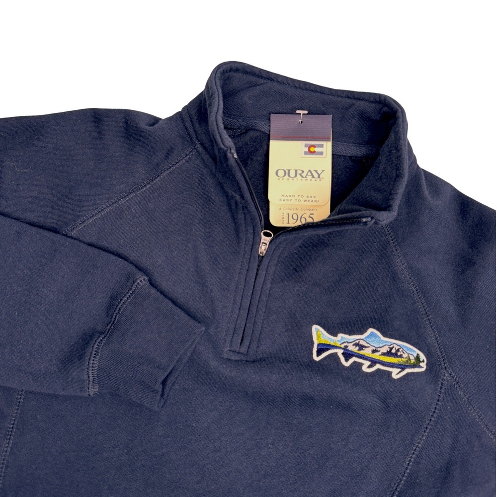 OURAY Mens Navy Blue Quarter Zip Sweatshirt Trout Embroidered Size S New‎ W/Tag